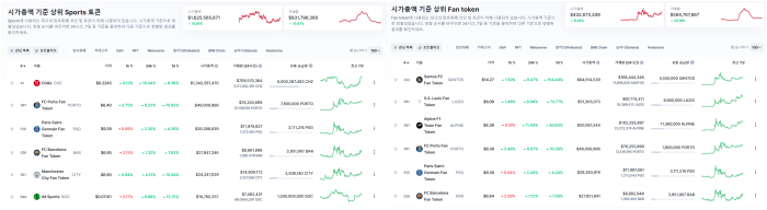 타 카테고리에 비해 상승세를 보이는 스포츠 팬 토큰 / 코인마켓캡