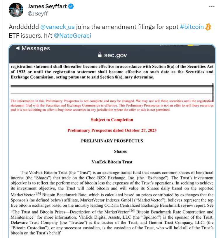 반에크, BTC 현물 ETF 신청서 수정 제출···"직접 BTC 매입 후 연계" 기사의 사진