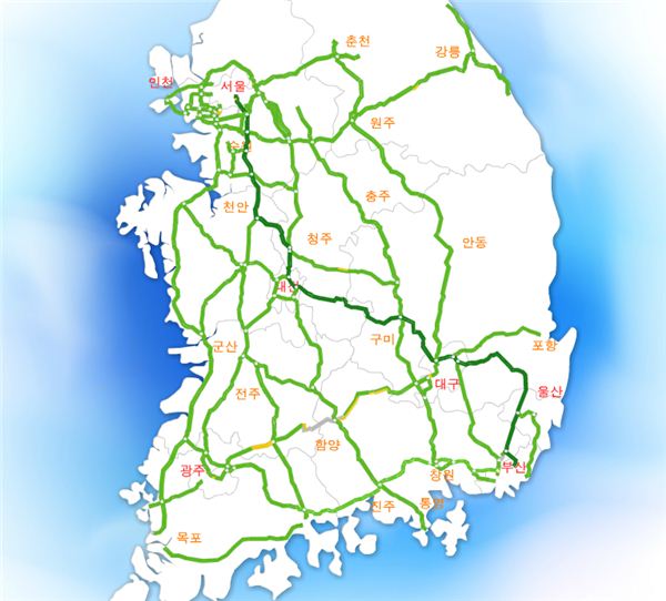 9일 오후 6시 기준 전국 고속도로 소통 상황. ⓒ 한국도로공사