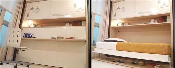 책상으로 활용한 모습(왼쪽)과 침대로 활용한 스터디 베드(오른쪽) 사진. 사진제공=롯데건설