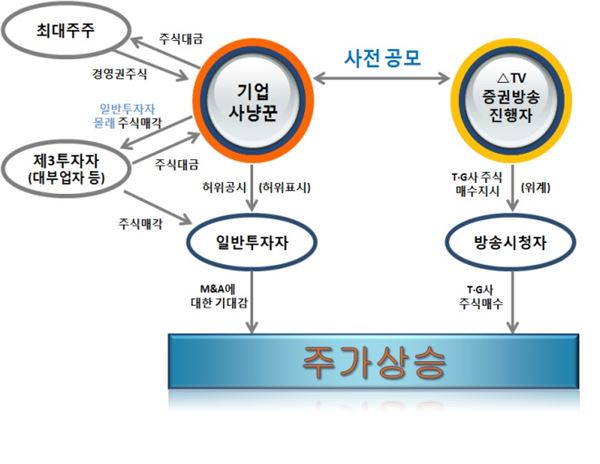 증권방송 진행자들과 공모해 주가를 조작한 기업사냥꾼들의 개요. 그래프=금융위원회, 금융감독원