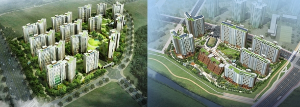 (左)위례 힐스테이트 (右)래미안 위례신도시 투시도. 사진제공=현대건설·삼성물산