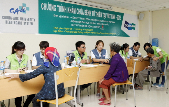 중앙대의료원 의료진들이 베트남 현지에서 무료봉사 활동을 펼치고 있다. 사진=두산중공업 제공