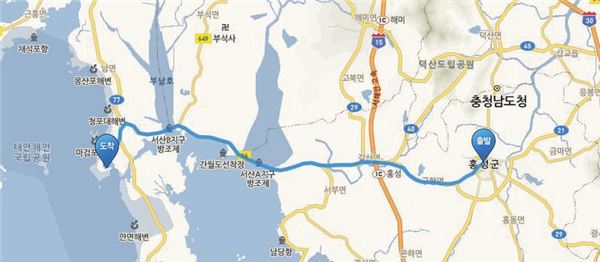 1일차 홍성군청 > 태안(한서대 해양교육원) 39.5km 코스 구간도.