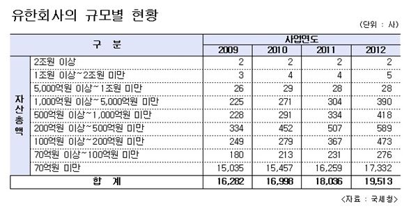 유한회사 규모. 표=금융위원회, 국세청 제공