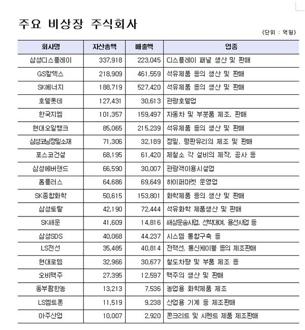 대기업 그룹 비상장 기업들. 표= 금융위원회 제공