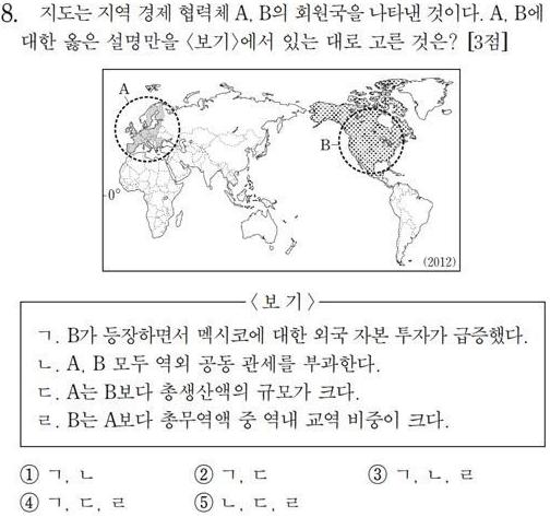 2014년도 대학수학능력시험 세계지리 8번 문항 사진=한국교육과정평가원