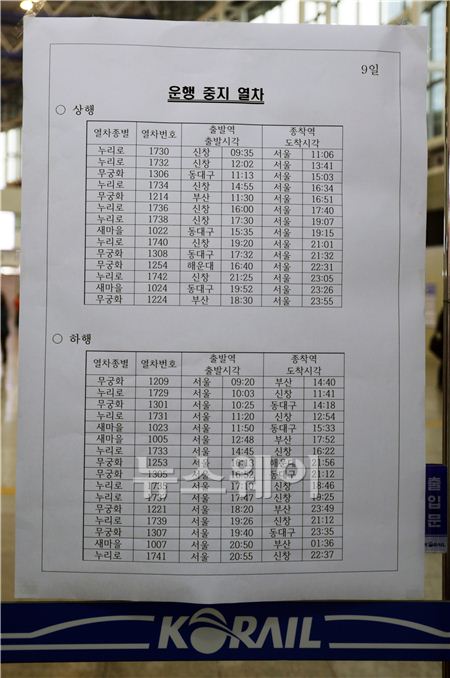 전국철도노동조합은 수서 발 KTX 운영회사 설립 등을 반대하며 9일 오전 9시부터 총파업에 돌입했다. 서울역에 부착된 운행 중지 열차의 목록.  김동민 기자 life@newsway.co.kr