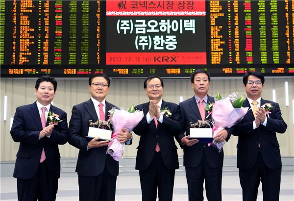 10일 서울 여의도 한국거래소에서 상장기념패 전달 후 기념촬영을 하고 있다. (왼쪽부터)강대석 신한금융투자  대표이사, 김환식 (주)한중 대표이사, 최경수 한국거래소 이사장, 이강염 (주)금오하이텍 대표이사, 제갈걸 HMC투자증권 대표이사