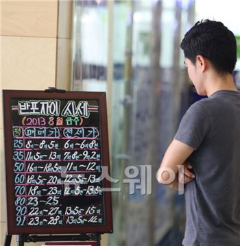 강남의 한 공인중개사무소를 찾은 고객이 밖에 걸린 시세표를 보고 있다. 사진=뉴스웨이 DB