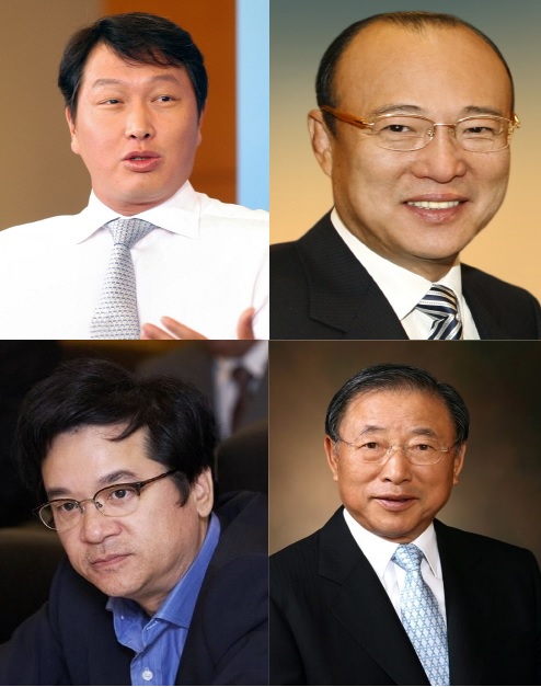 (왼쪽 위부터 시계 방향으로) 최태원 SK 회장, 김승연 한화 회장, 조석래 효성 회장, 이재현 CJ 회장.