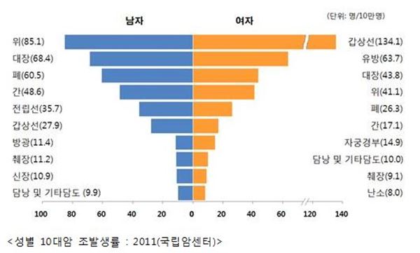 성별 10대암 조발생률 : 2011(국립암센터), 도움말: 명진단영상의학과 배민영 원장, 이진형 내과