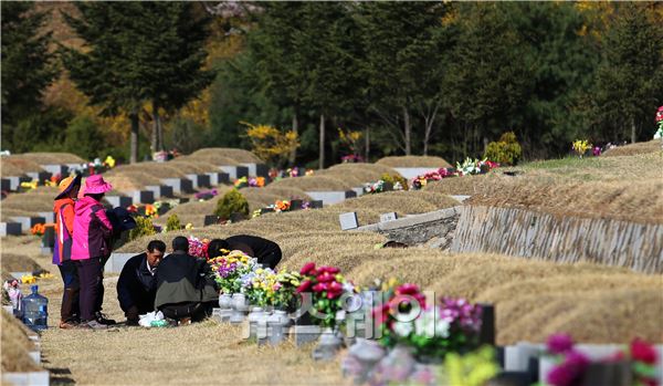 한식(寒食)인 6일 오후 경기 파주시 탄현면에 있는 동화 경모공원 묘지에 성묘객들이 성묘를 하고 있다. 이수길 기자 2004kil@newsway.co.kr
