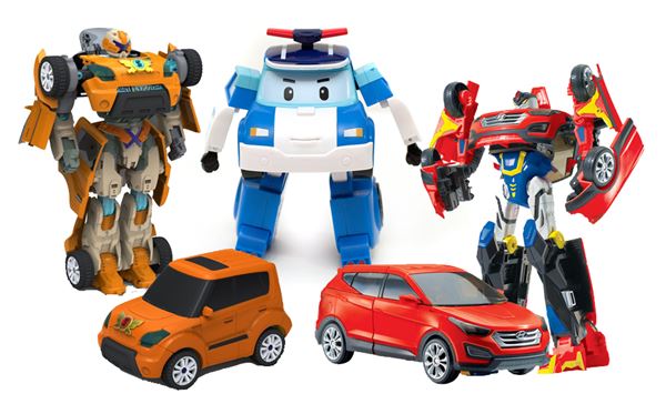 어린이날을 맞아 자동차업계 안팎에서 자동차 메이커가 제작에 참여한 애니메이션 캐릭터들이 큰 인기를 모으고 있다. 사진은 현대자동차가 제작을 직·간접적으로 지원한 로보카 폴리(가운데)와 카봇(오른쪽), 기아자동차가 제작을 지원한 변신자동차 또봇(오른쪽).