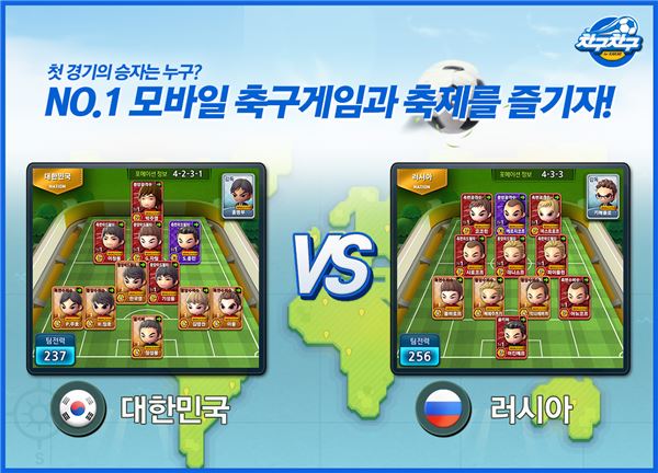 CJ E&M 넷마블은 모바일 축구게임 ‘차구차구 for Kakao’에서 대한민국과 러시아 1차전 승부결과를 ‘한국 우세’로 예측했다고 지난 17일 밝혔다. 사진=CJ E&M 넷마블 제공