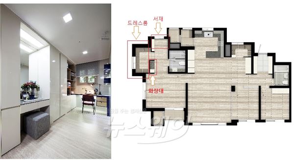 세종 반도유보라 전용 84B㎡타입 견본주택 안방 유니트 이미지(좌)와 평면도 안방 드레스룸에 화장대와 함께 서재 공간도 멀티로 조성돼 있다. 사진=반도건설 제공