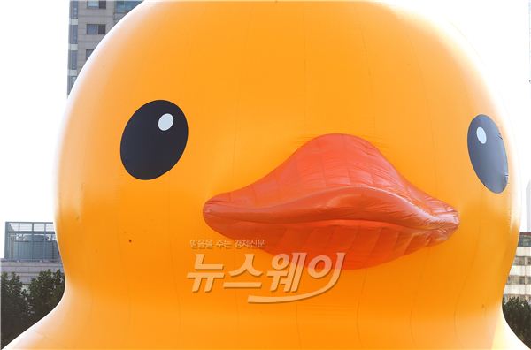 러버덕 프로젝트의 러버덕(Rubber Duck)이 이달 14일 정오부터 11월 14일까지 한 달간 서울 송파구 석촌호수에 전시된다. 사진은 14일 오후 석촌호수에 공개된 러버덕. 사진=김동민 기자 life@newsway.co.kr