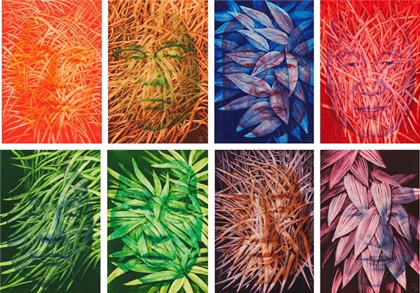 벽걸이달력 5~6월에 실린 'P씨와 풀(Mr. P & Grass)'. 작가가 태어난 후의 대통령 초상화들이 풀이미지들과 오버랩 되어 있으며 이는 역사적인 진실을 아는 것도 중요하지만 진실을 바르게 보존하여 현실에 어떤 방식으로 적용되는지가 더 중요하다는 것을 은유적으로 표현하고 있다. 사진=한국 머크 제공