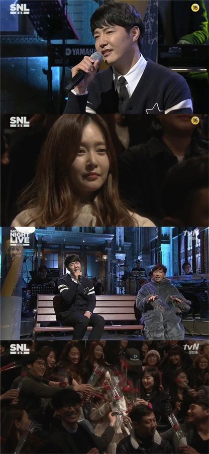 사진= 29일 방송된 tvN ‘SNL코리아’ 35회에는 사랑꾼의 새로운 아이콘 윤상현이 출연해 예비신부 메이비를 향해 프로포즈 노래를 불렀다 / tvN 방송화면 캡처