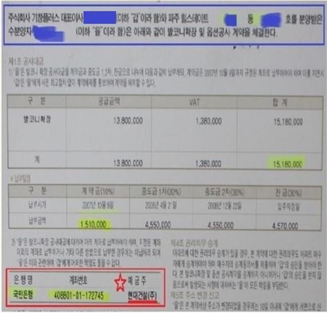 파주 힐스테이트 입주민이 작성한 발코니확장 및 옵션공사 계약서. 예금주가 현대건설로 명시돼 있다.