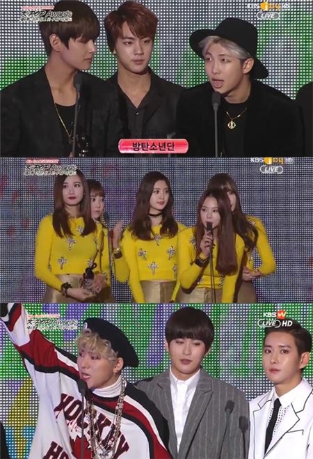 '제4회 가온차트 K-POP 어워드'에서 올해의 발견상을 수상한 그룹 방탄소년단,EXID,블락비./사진=KBSN