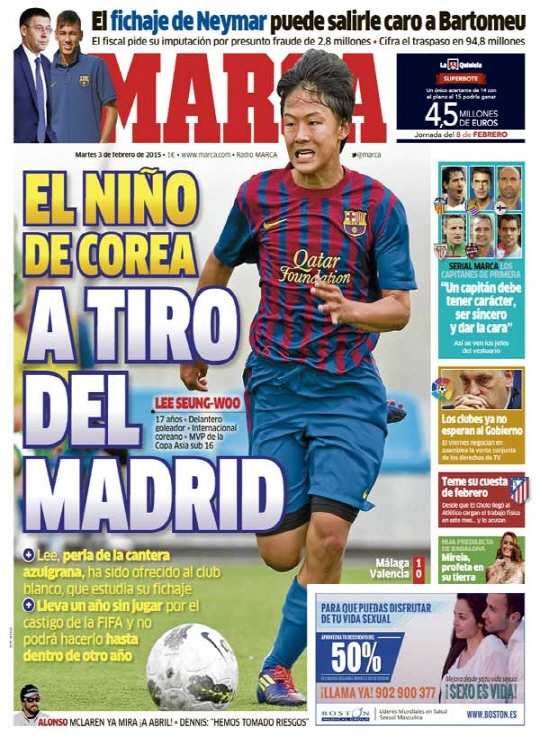 레알 마드리드가 이승우의 영입을 추진하고 있다는 현지 일간지 1면.(사진=마르카)