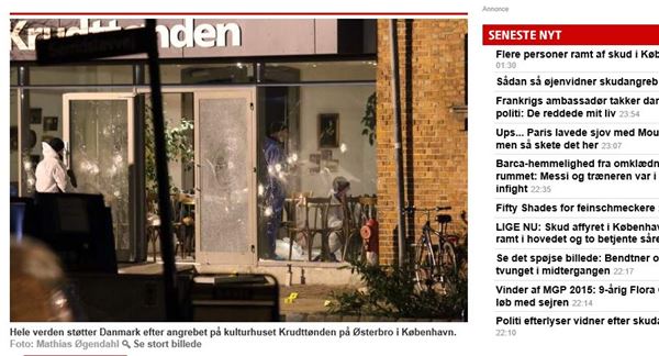 14일 코펜하겐 한 카페에서 벌어진 총기 난사사건을 수사하고 있는 덴마크 경찰. 사진= 덴마크 BT신문 온라인 캡처