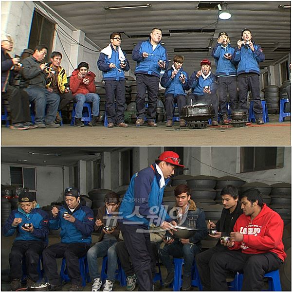 새로운 포맷으로 첫 방송되는 KBS2 '투명인간'에서 강호동을 비롯해 6명의 스타들이 근로자들을 위해 직접 앞치마를 두르고 가마솥밥을 지어 함께 나누며 소통의 진수를 선보였다 / 사진= '투명인간' 제공