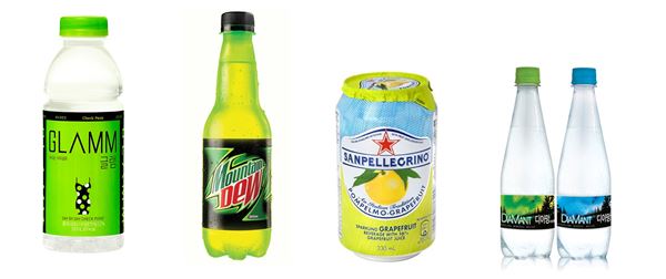 (왼쪽부터) 현대약품 ‘글램(GLAMM)’, 롯데칠성음료 ‘마운틴듀 롱넥보틀’, 산펠레그리노 ‘폼펠모’, 하이트진로음료 ‘디아망’