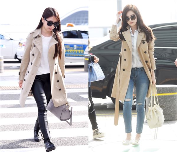 소녀시대 서현과 보아가 봄 아우터의 정석 트렌치 코트를 입고 나란히 공항에 모습을 드러냈다 / 사진제공=  헤지스 레이디스, 디마코