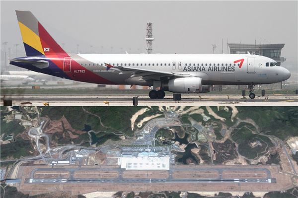 14일 오후 6시 34분 인천국제공항을 이륙한 아시아나항공 A320-200 여객기(OZ162편, 항공기 등록기호 HL7762)가 8시 5분께 히로시마공항에 착륙하던 도중 여객기가 활주로를 이탈했다. 사진은 사고가 발생한 아시아나항공 A320-200 여객기(등록기호 HL 7762)와 사고 발생지인 히로시마공항 활주로.