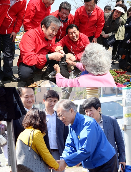 김무성 새누리당 대표가 22일 인천 서구강화군을 안상수 후보의 유세 지원을 위해 강화풍물시장을 방문해 상인과 대화를 나누고 있다(上). 21일 광주를 찾은 문재인 새정치민주연합 대표가 시민들에게 지지를 호소하고 있다. 사진=새누리당·새정치연합 제공