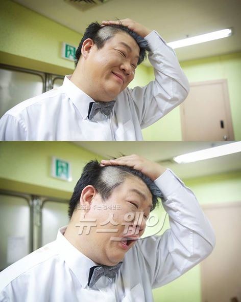 KBS2 '개그콘서트'의 ‘나는 킬러다’에서 유민상은 미녀킬러 김지민에게 삭발 당해 시청자들의 웃음을 자아낸 가운데 비하인드 사진이 공개됐다 / 사진= '개그콘서트' 공식 페이스북