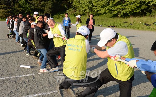 김주하 농협은행장과 직원봉사단이 외국인농업근로자들과 체육활동(줄다리기)을 하고 있다. 사진=농협은행 제공