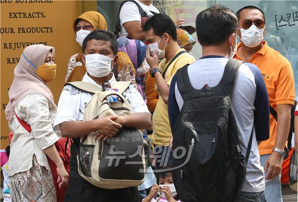 메르스 공포에 마스크를 쓰고 관광 중인 외국인들(사진 = 김동민 기자)