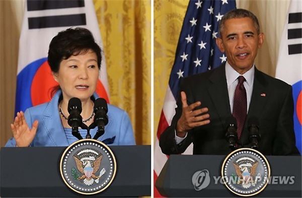 박근혜 대통령과 오바마 미국 대통령이 16일(현지시간) 미국 워싱턴 백악관 이스트룸에서 열린 공동기자회견에서 발언하고 있다. 사진=연합뉴스 제공