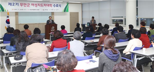 지난 19일 김철주 군수가 전남여성프라에서 열린 제2기 여성 지도자 대학 수료식에서 축사를 하고 있다.