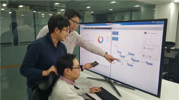 삼성전자와 SK텔레콤 관계자들이 SK텔레콤 분당 기술원에서 SDN 기술을 시연하고 있다. 사진=삼성전자 제공
