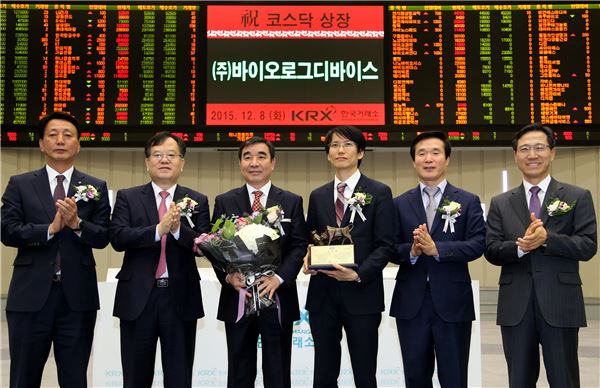 왼쪽부터 강홍기 한국IR협의회 부회장, 김재준 한국거래소 코스닥시장위원회 위원장, 윤형진 바이오로그디바이스 대표이사, 이재선 바이오로그디바이스 대표이사, 김해준 교보증권 대표이사, 김원식 코스닥협회 부회장이 기념촬영을 하고 있다. 사진=한국거래소