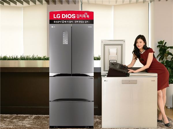 LG전자는 기존 ‘디오스 김치톡톡’ 모델의 디자인 강화 버전인 405리터 스탠드형 김치냉장고(왼쪽)와 219리터 뚜껑식 김치냉장고(오른쪽)를 이번주와 다음주 연이어 출시한다.