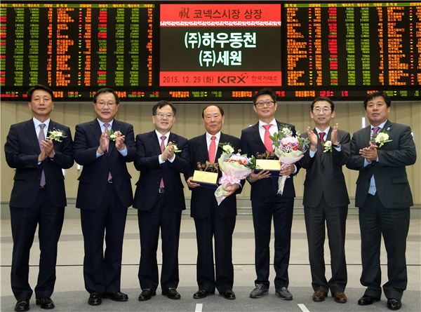 왼쪽부터 강홍기 한국IR협의회 부회장, 김흥제 HMC투자증권 대표이사, 김재준 한국거래소 코스닥시장위원회 위원장, 유기철 세원 대표이사, 최원석 하우동천 대표이사, 김군호 코넥스협회 회장, 신명호 하나금융투자 IB부문장이 기념촬영을 하고 있다. 사진=한국거래소 제공