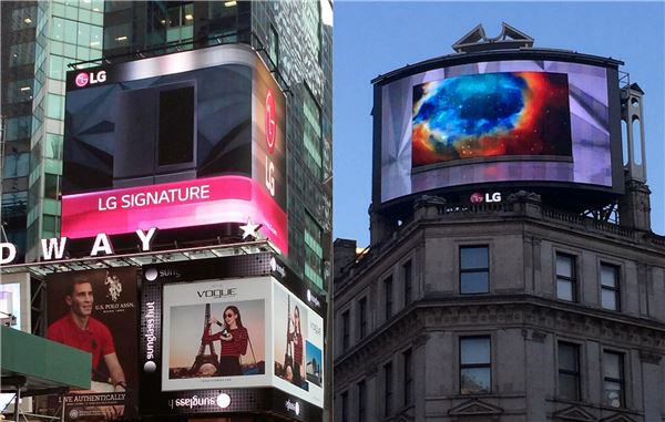 LG전자가 세계적 관광 명소인 뉴욕 타임스 스퀘어 및 런던 피카딜리 광장에서 초 프리미엄 가전 통합 브랜드 ‘LG 시그니처’ 광고를 상영하며 전 세계 고객을 대상으로 브랜드 알리기에 적극 나섰다. 사진=LG전자 제공
