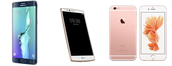 왼쪽부터 삼성 갤럭시 S6 엣지+, LG G4, 아이폰6S 사진=각 사 제공
