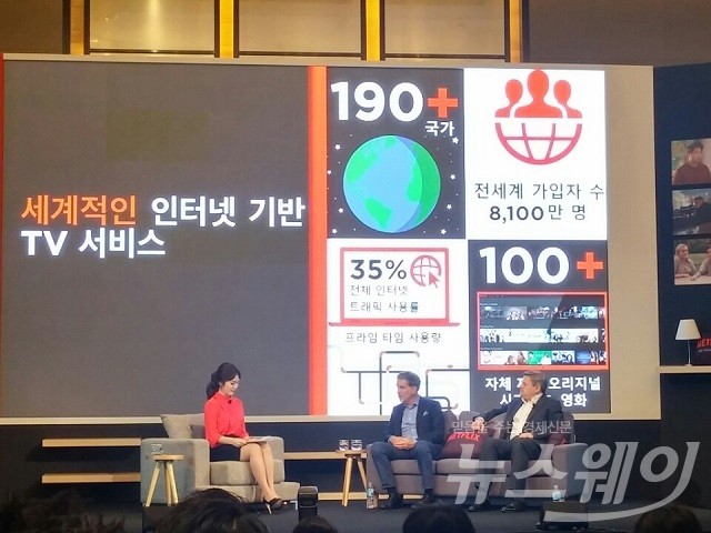 넷플릭스 미디어 데이에 참석한 리드 헤이스팅스 CEO(왼)와 테드 사란도스 최고콘텐츠책임자(오). 사진=한재희 기자.