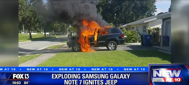 미국 플로리다 주 세인트피터즈버그에서 사는 한 주민이 지난 5일 자신의 노트7을 차량내에 두고 충전하던 중 폭발이 일어나 차량 전체가 불탔다고 주장했다. 사진=폭스13 방송 캡쳐