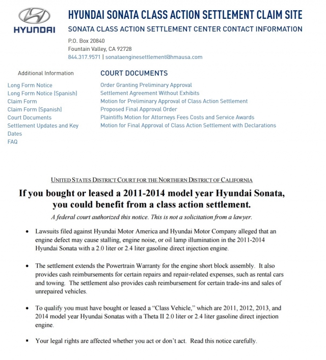 (위)현대차 쏘나타 집단소송 관련 홈페이지(https://sonataenginesettlement.hyundaiusa.com)화면. (아래)홈페이지에 올라온 안내문. 사진=관련 홈페이지.