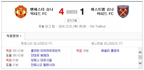 맨유, 웨스트햄 4대1로 꺾고 리그컵 4강행