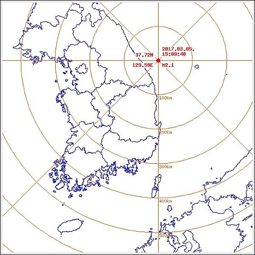 오후 3시9분께 동북동쪽 47㎞ 해역에서 규모 2.1의 지진이 발생했다. 사진=기상청 제공