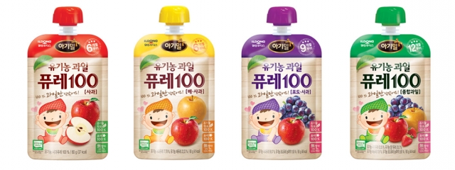 일동후디스가 유기농 과일로 만든 유아식 ‘아기밀 유기농 과일 퓨레100’ 4종을 출시했다. 사진=일동후디스 제공