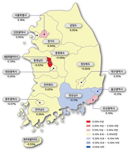 6월 2주 시도별 아파트 매매가격지수 변동률. 사진=한국감정원 제공.